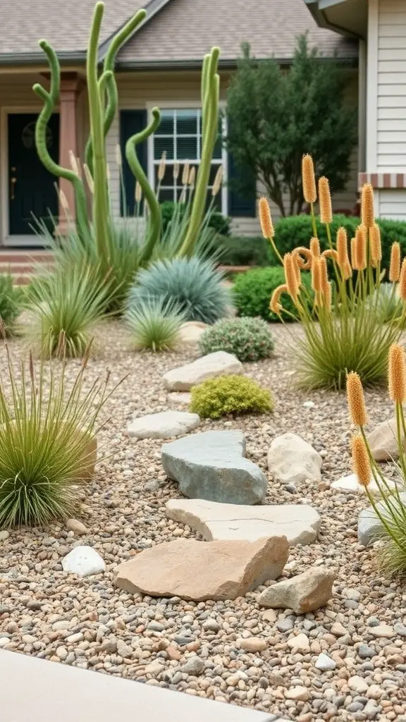 27 Stunning Front Garden Ideas to Transform Your Curb Appeal 5 A xeriscaped front garden featuring cacti, rocks, and drought-resistant plants.