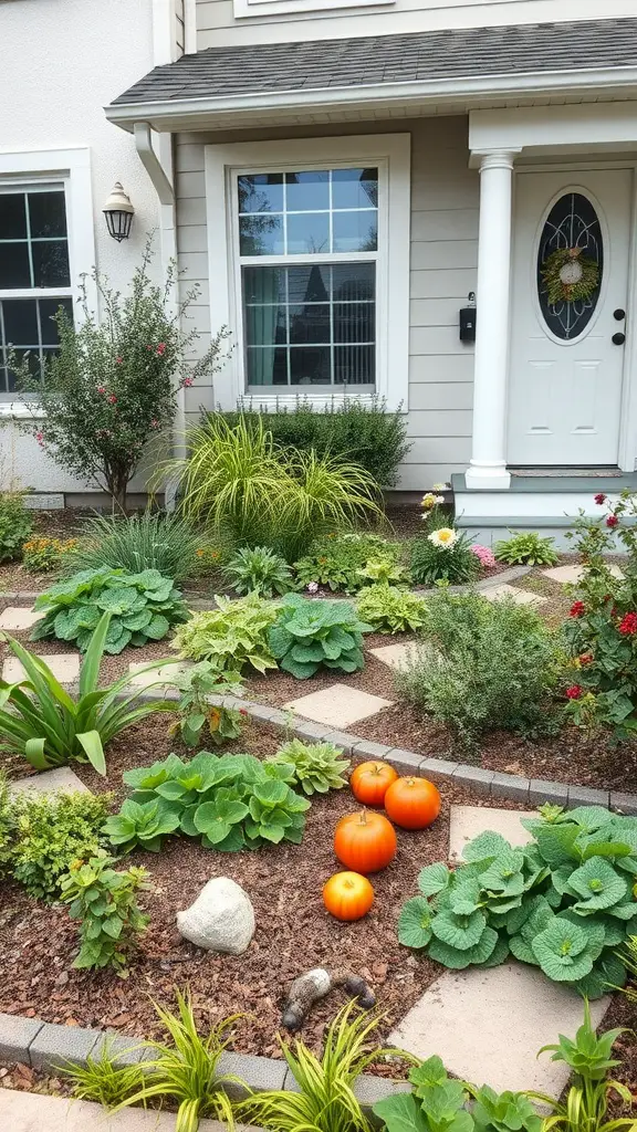 A front yard with various edible plants, including pumpkins and leafy greens, creating a beautiful and functional landscape.