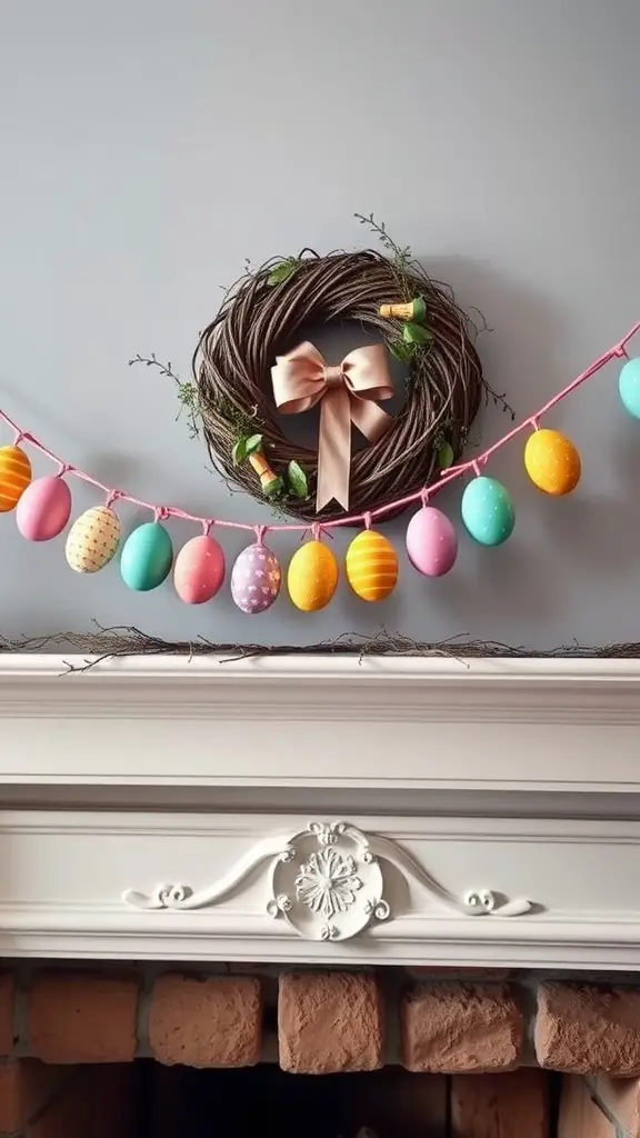 Easter egg garland with colorful eggs and a wreath on a mantel