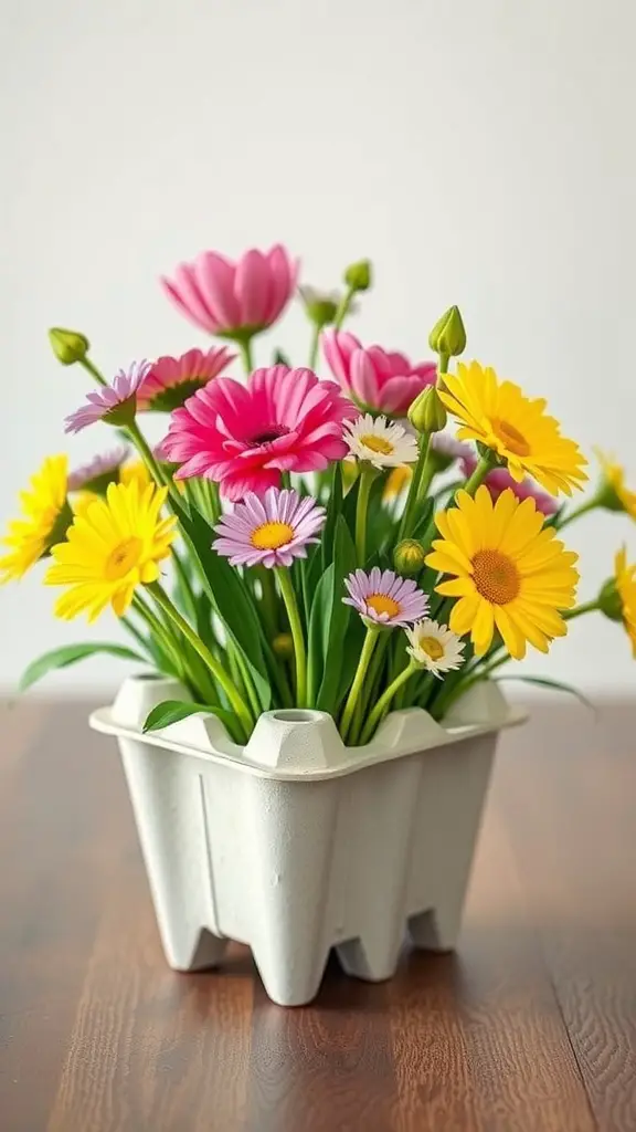 Colorful flower arrangement made from an egg carton