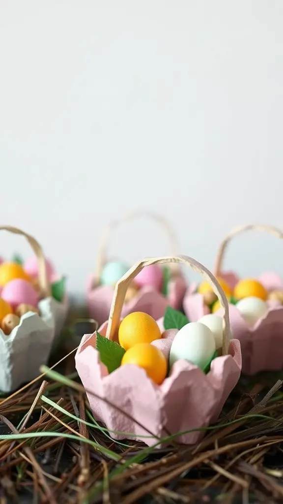 Colorful mini baskets made from egg cartons filled with decorative eggs.