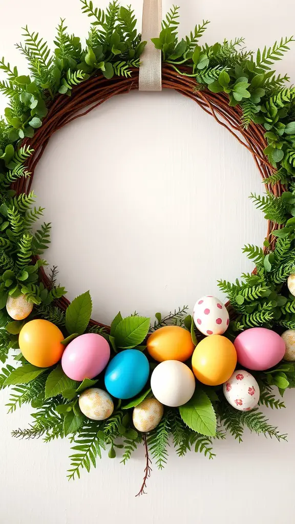 A colorful Easter egg wreath made with greenery and various eggs.