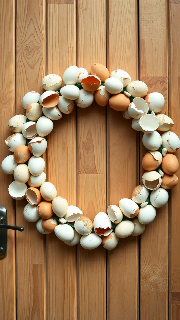 A decorative wreath made from eggshells in various colors.