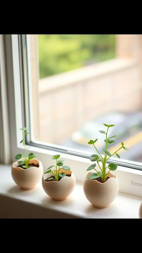 Eggshell planters with small green plants on a windowsill.