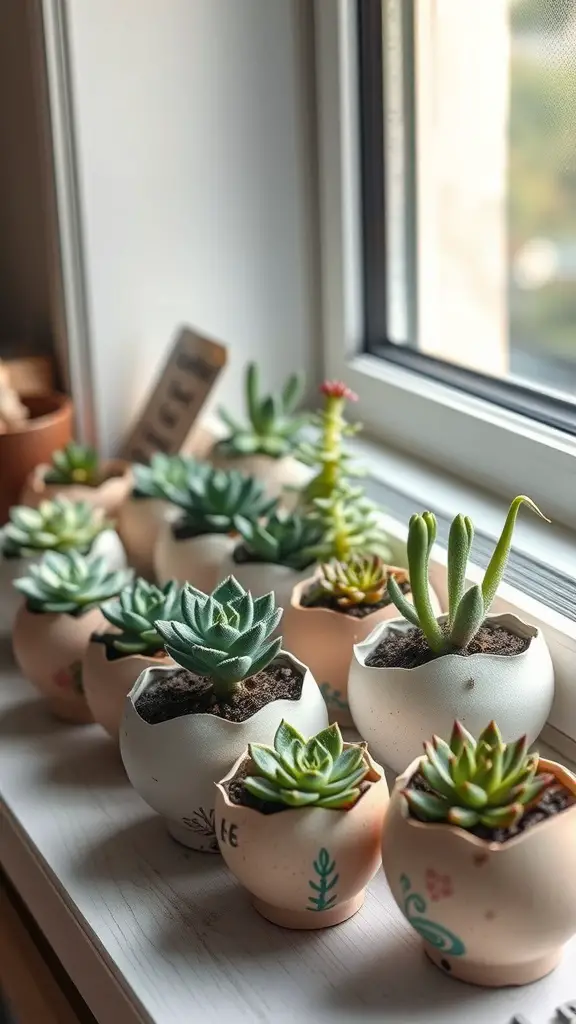 A row of cute eggshell planters filled with various succulents on a windowsill.