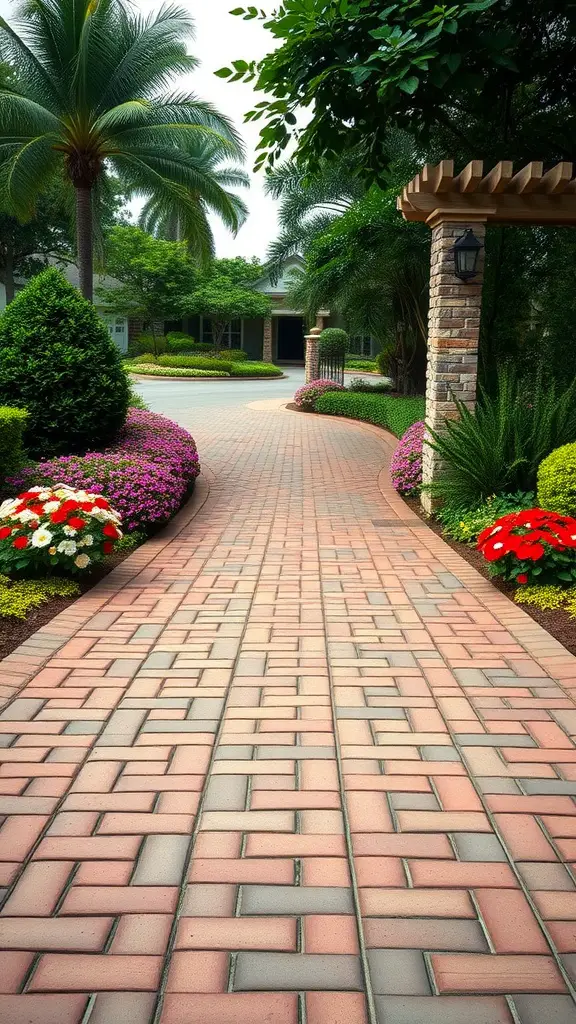 A beautifully landscaped driveway featuring a brick pathway bordered by colorful flowers and lush greenery.