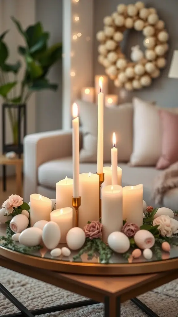 A beautiful candle arrangement with white candles and flowers, enhancing Easter decor in a living room.