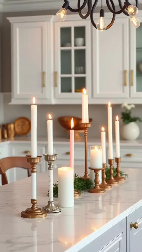 A stylish arrangement of candles on a kitchen island, creating a cozy and inviting atmosphere.