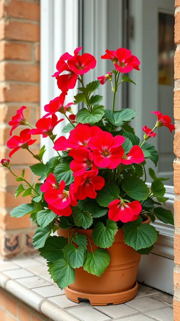 25 Beautiful Flowers Perfect for Container Gardening 10 A vibrant display of red geranium flowers in a terracotta pot.