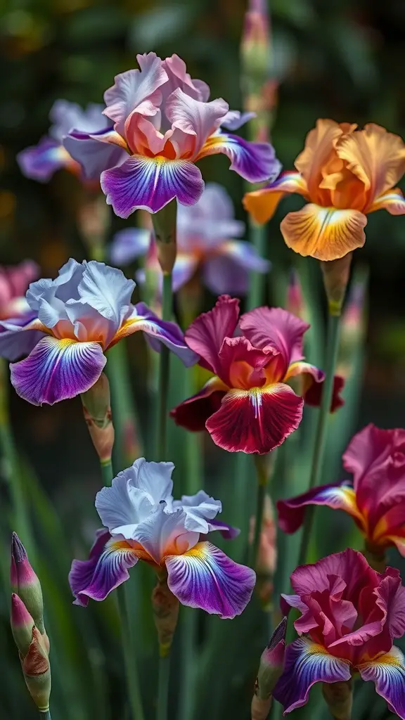 25 Beautiful Cut Flower Garden Ideas to Brighten Your Home 19 A collection of colorful iris flowers in various shades, showcasing their elegant beauty in a garden setting.