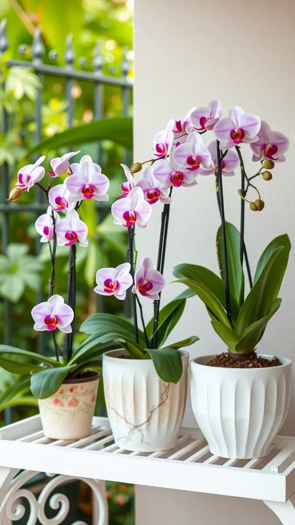 27 Stunning Potted Flowers Perfect for Your Patio 5 Potted orchids in various containers on a patio shelf, showcasing elegant flowers