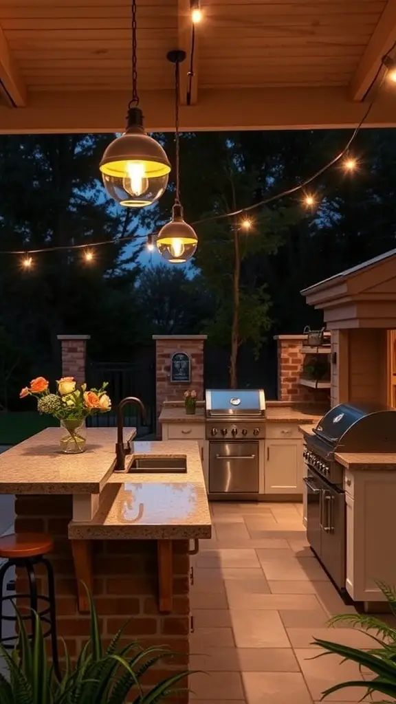 35 Creative Backyard Kitchen Ideas for Outdoor Cooking Enthusiasts 34 A beautifully lit outdoor kitchen at night with elegant pendant and string lights.