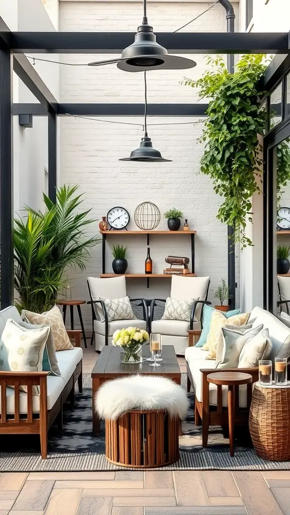 Chic outdoor lounge area with comfortable seating and decorative plants.