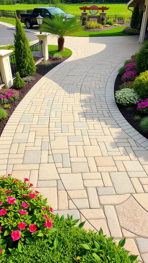 19 Creative Driveway Ideas to Enhance Your Curb Appeal 2 An elegant paver driveway featuring a gentle curve, surrounded by colorful flowers and greenery.