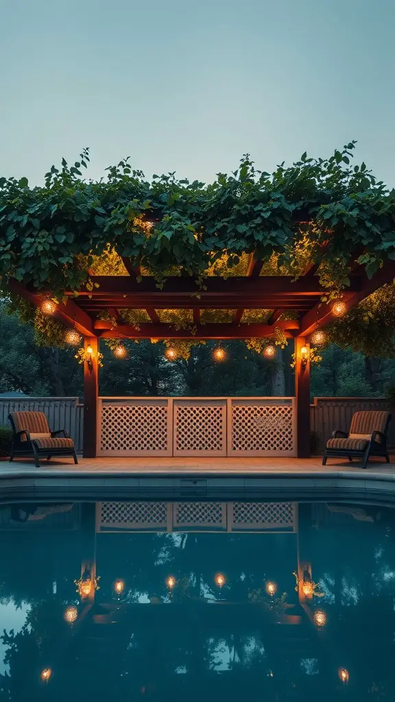 33 Creative Backyard Pool and Patio Ideas for Your Dream Outdoor Space 4 A wooden pergola with greenery and string lights overhead, reflecting in a pool