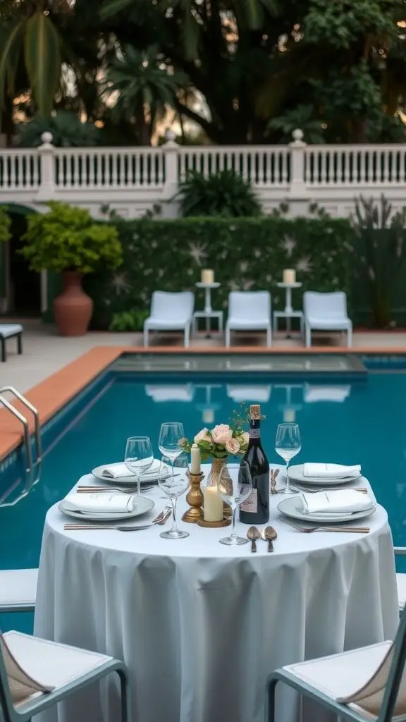33 Creative Backyard Pool and Patio Ideas for Your Dream Outdoor Space 33 A beautifully arranged dining table by the pool, featuring a white tablecloth, elegant tableware, and a bouquet of pink roses.