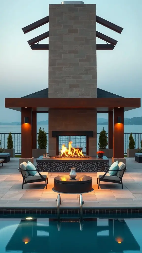 A modern poolside pavilion with a stone fireplace, comfortable seating, and a serene atmosphere.