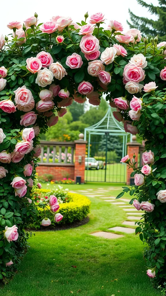 25 Beautiful Cut Flower Garden Ideas to Brighten Your Home 10 A beautiful garden arch covered with pink and white roses, leading to a green lawn and garden area.