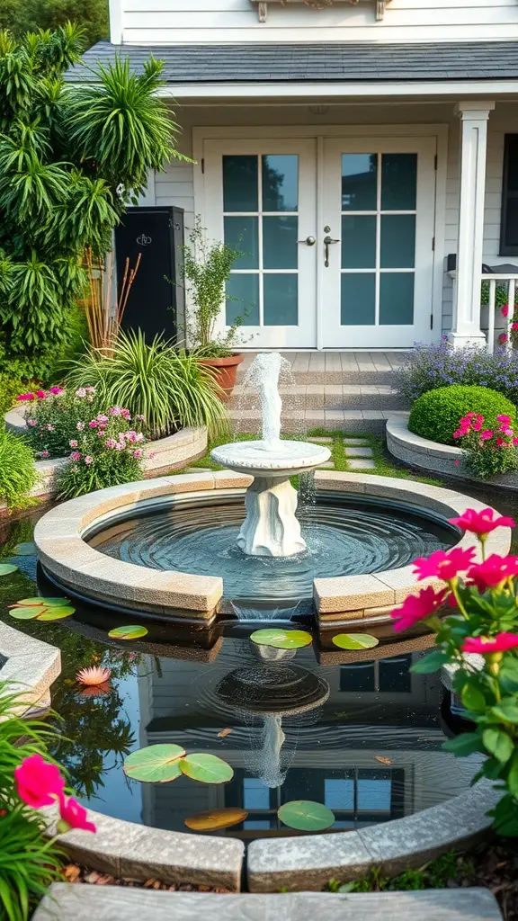 27 Stunning Front Garden Ideas to Transform Your Curb Appeal 4 A front garden featuring a fountain surrounded by flowers and greenery.