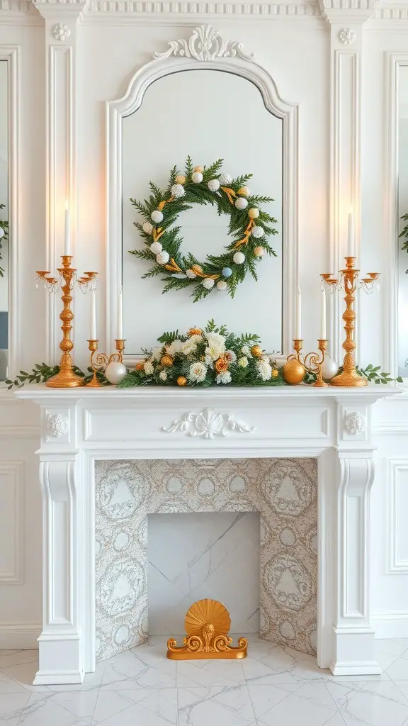 Elegant white and gold mantel decor for Easter with greenery and floral arrangements.