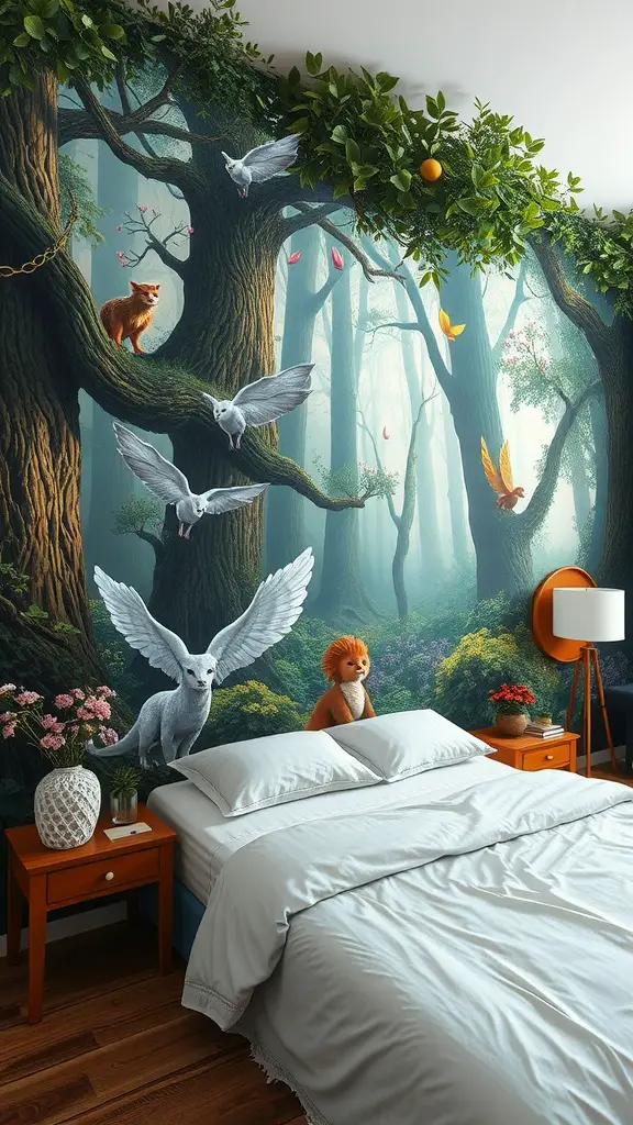 A cozy bedroom with an enchanted forest wall mural featuring animals and vibrant foliage.