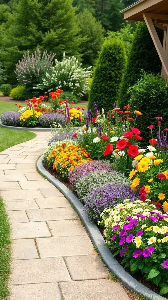25 Stunning Front Yard Landscaping Ideas to Elevate Your Curb Appeal 9 A colorful flower bed along a curved path in a front yard, with red, yellow, purple, and white flowers surrounded by greenery.