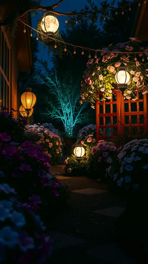 27 Absolutely Stunning Secret Garden Ideas to Inspire Your Space 26 A beautifully lit nighttime garden with lanterns, flowers, and a cozy path