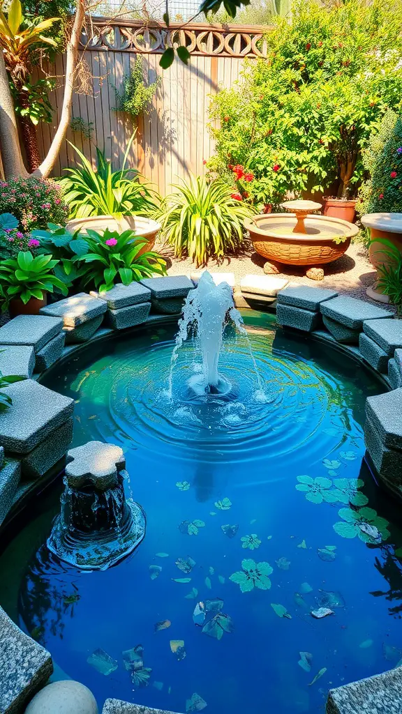 27 Absolutely Stunning Secret Garden Ideas to Inspire Your Space 4 A tranquil garden pond with a fountain surrounded by lush greenery and colorful flowers.