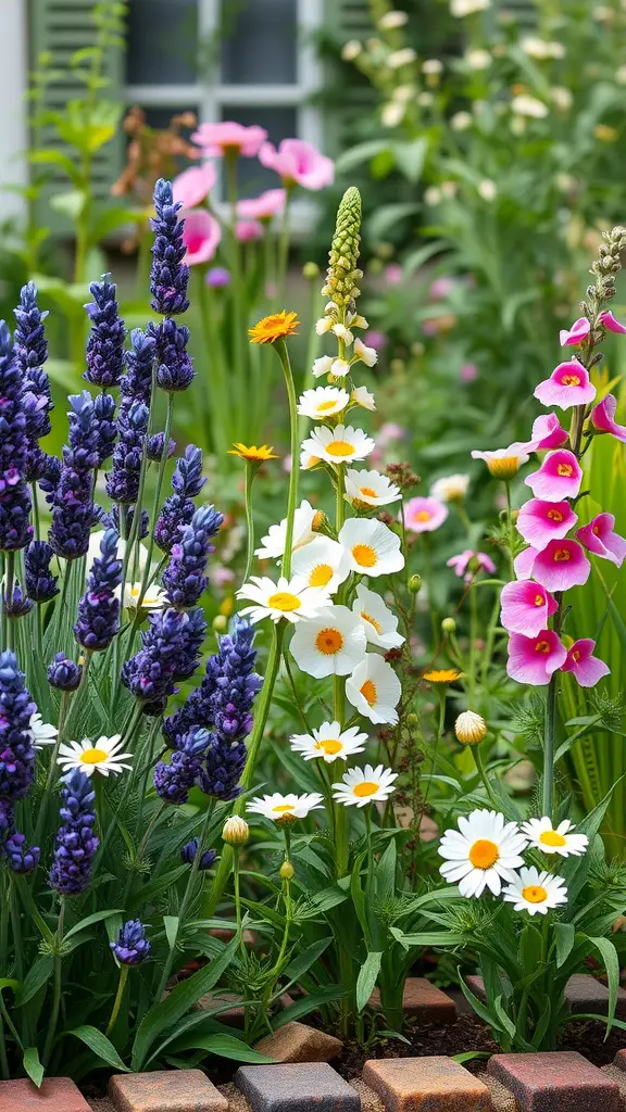 23 Stunning Cottage Garden Design Ideas for a Charming Outdoor Space 9 A vibrant cottage garden featuring lavender, daisies, marigolds, and pink flowers