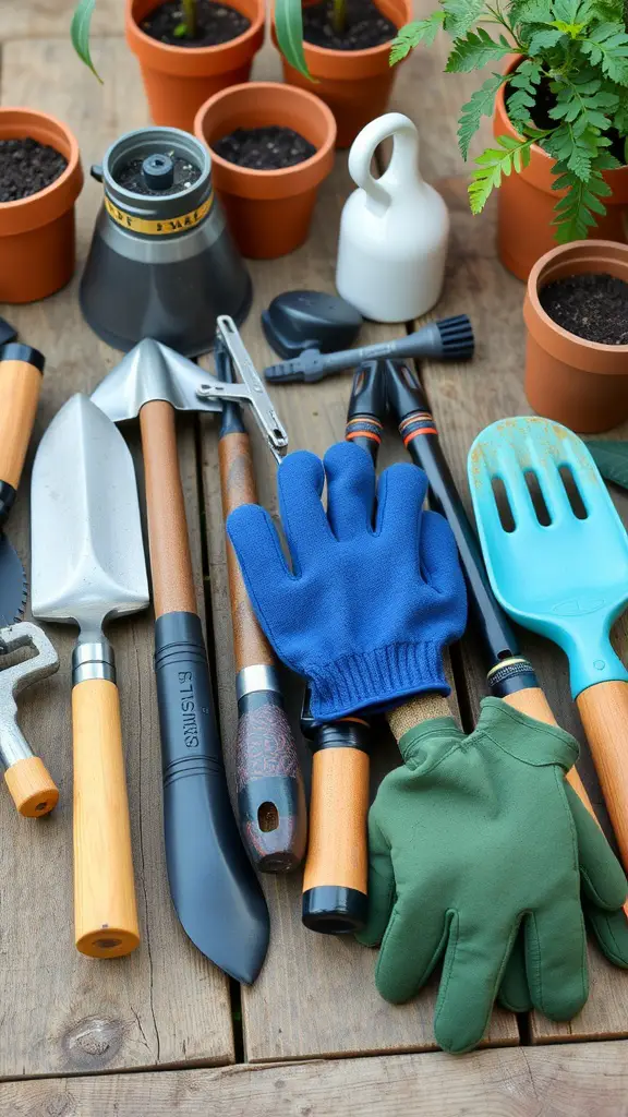 27 Essential Herbs to Grow in Your Outdoor Garden 9 A collection of gardening tools including gloves, a watering can, and various hand tools on a wooden table with potted plants in the background.