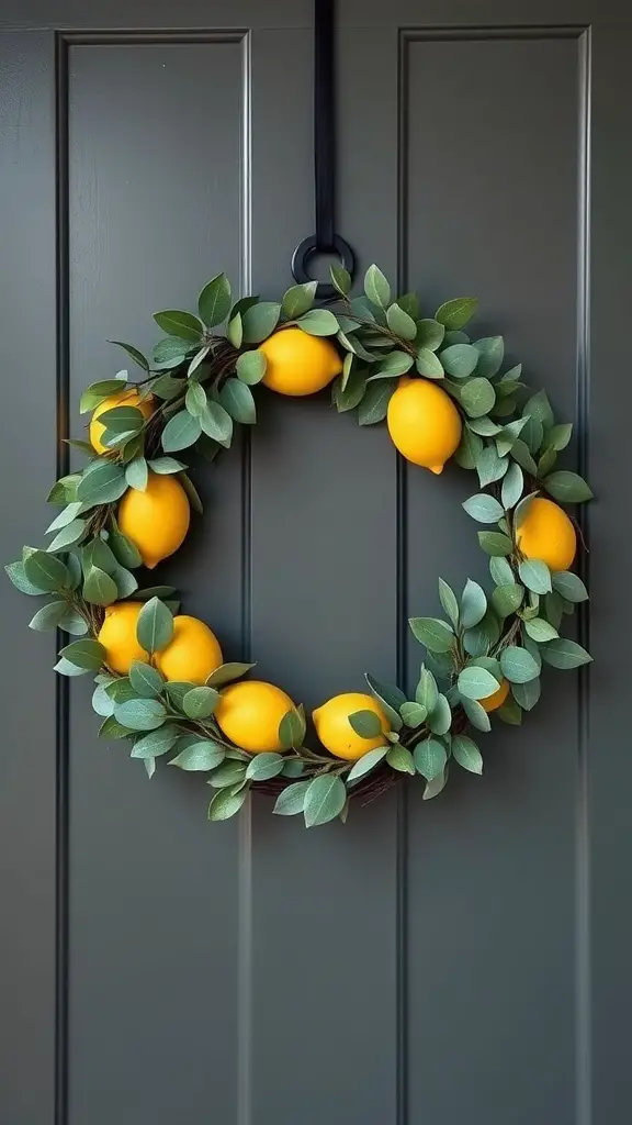 Spring wreath with lemons and eucalyptus leaves hanging on a dark door