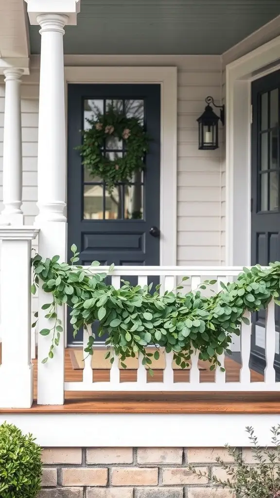 27 Cozy Front Porch Ideas for a Welcoming Home 22 Eucalyptus garland draped on a white porch railing next to a blue front door with a wreath