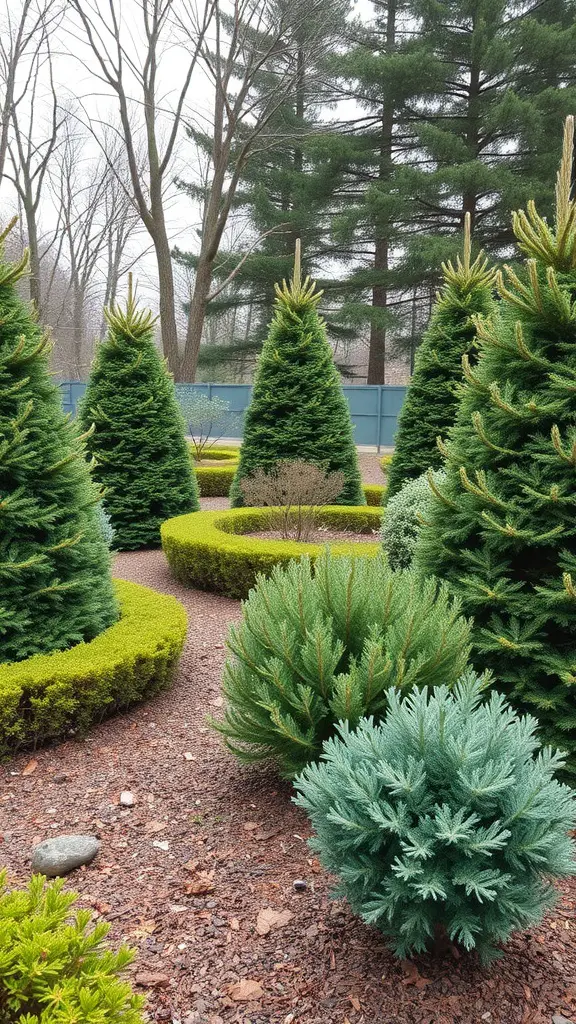 23 Stunning Perennial Garden Ideas to Transform Your Outdoor Space 23 A beautifully arranged garden featuring various evergreen plants including tall conical trees and rounded shrubs.