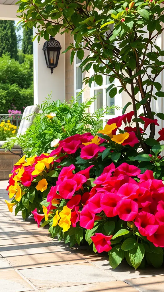 27 Stunning Potted Flowers Perfect for Your Patio 10 A vibrant display of pink and yellow impatiens in pots, brightening up a shaded patio area.
