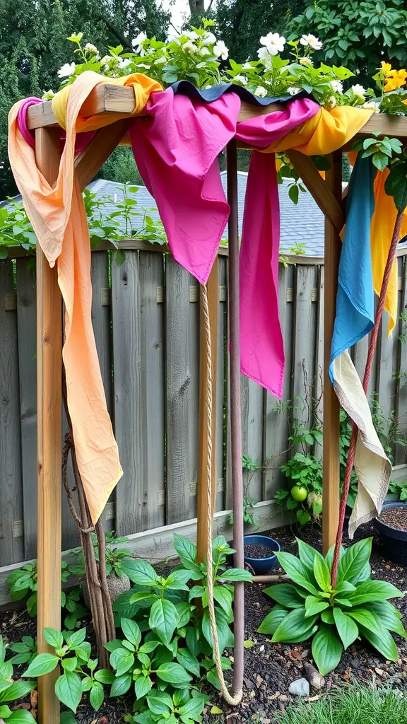 27 Creative DIY Garden Trellis Ideas for Your Outdoor Space 18 A wooden trellis decorated with colorful fabric drapes and blooming plants on top.