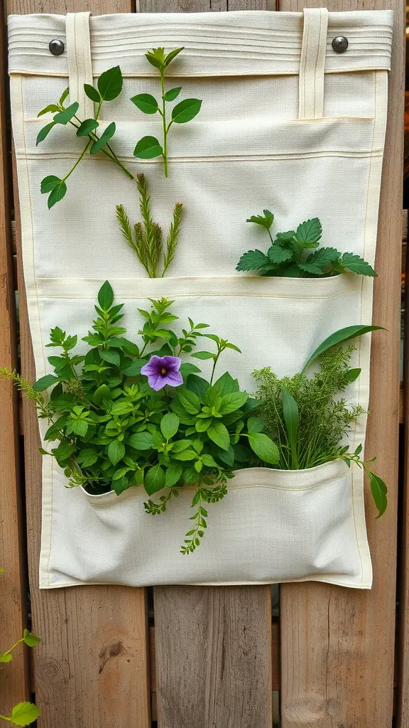 Fabric pocket planter with various herbs and plants hanging on a fence.