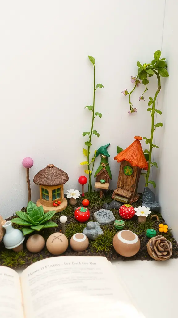 27 Creative Corner Landscaping Ideas for Your Garden 12 A fairy garden featuring miniature decorations including a colorful house, mushrooms, and flowers.