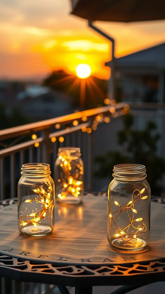 Three glass jars filled with fairy lights on a table with a sunset in the background.