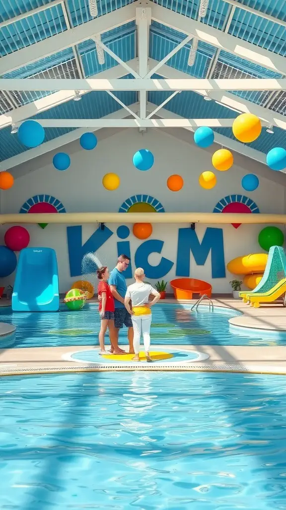 A colorful indoor pool area with a water slide and families enjoying the space.