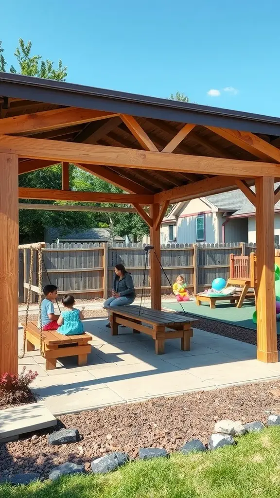 A wooden pavilion with swings and seating area, surrounded by kids playing with balloons.