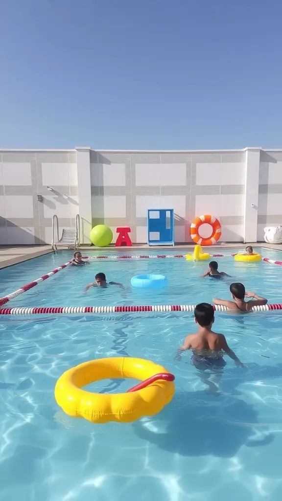 33 Creative Backyard Pool and Patio Ideas for Your Dream Outdoor Space 21 Children swimming in a pool with colorful floats and pool accessories.