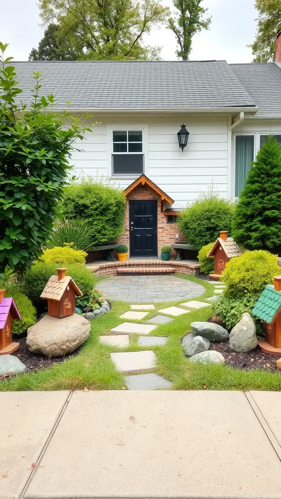 25 Stunning Front Yard Landscaping Ideas to Elevate Your Curb Appeal 21 A front yard with a whimsical design featuring colorful birdhouses, a stone pathway, and lush greenery.
