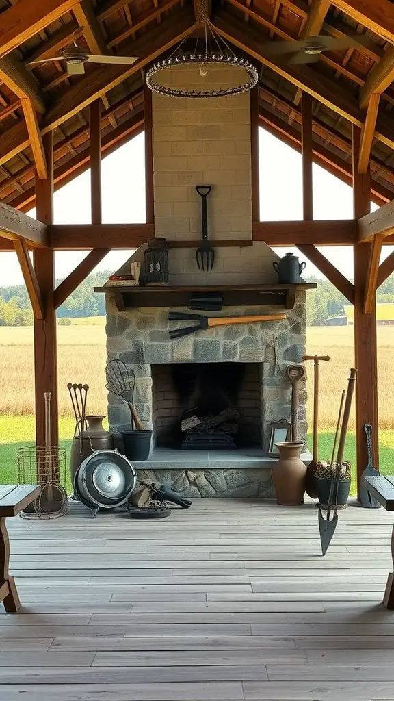 Cozy farmhouse-style pavilion with a stone fireplace and rustic decor