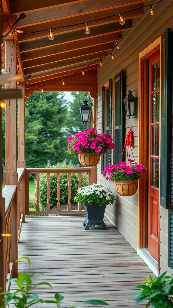 A farmhouse front porch featuring wooden railing, colorful flower baskets, and warm string lights.