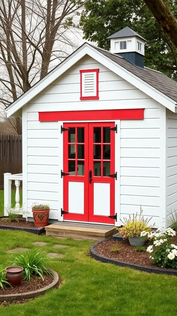 29 Creative Garden Shed Ideas for Every Backyard 22 A white farmhouse style shed with red accents and a welcoming entrance, surrounded by a green lawn and blooming flowers.