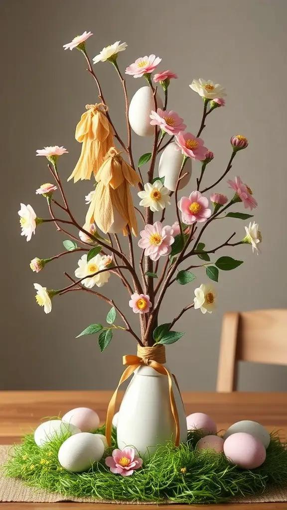 A decorative Easter centerpiece featuring a faux flower egg tree in a vase surrounded by decorative eggs and grass.