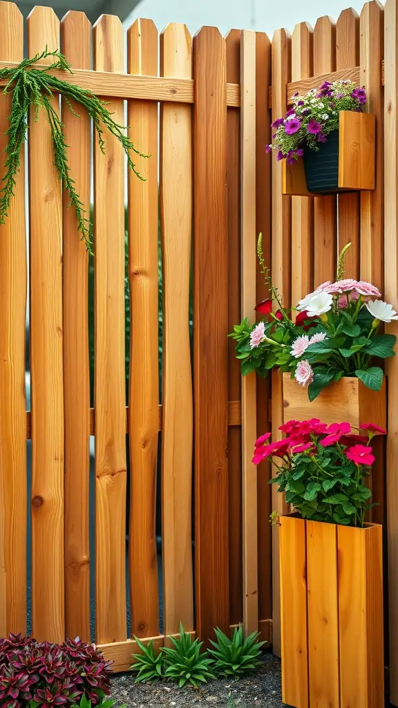 A wooden fence with built-in planter boxes filled with various flowers.