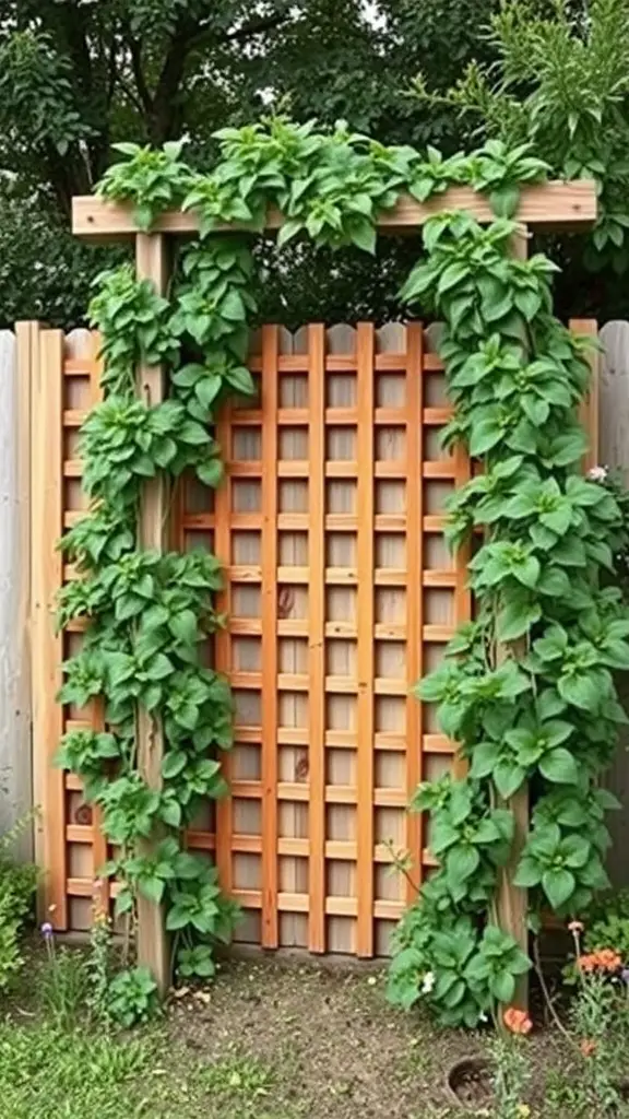 27 Creative DIY Garden Trellis Ideas for Your Outdoor Space 27 A wooden fence with a trellis covered in green climbing plants.
