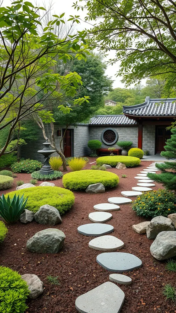 A beautifully designed Feng Shui garden with a winding stone pathway, lush greenery, and balanced landscaping.