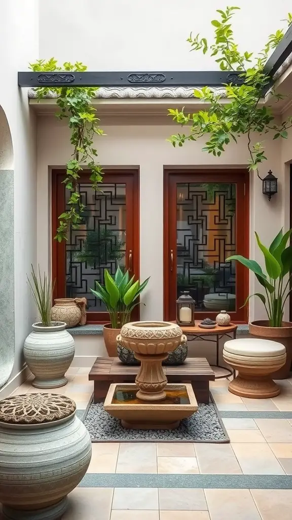 25 Stunning Outdoor Terrace Ideas to Transform Your Space 14 A serene outdoor terrace featuring a central water fountain surrounded by plants and decorative pots.